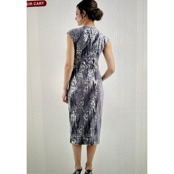 JS Collections June Sequin Velvet Faux Wrap Cocktail Dress in Gray/Silver Sz 16 - Picture 2 of 16